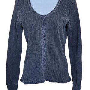 Vintage Waffle Knit hook and eye Blue Long Sleeve Top boho cottage core